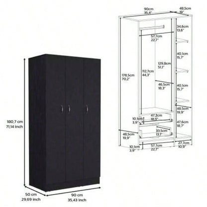 Wardrobe Armoire 71H with 3 - Doors and 2 - Inner Drawers, 3 Doors, Black