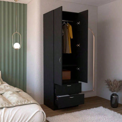 Armoire Wardrove 76 H, Hanging Rod, 2 Drawers, 1 Shelf, Black