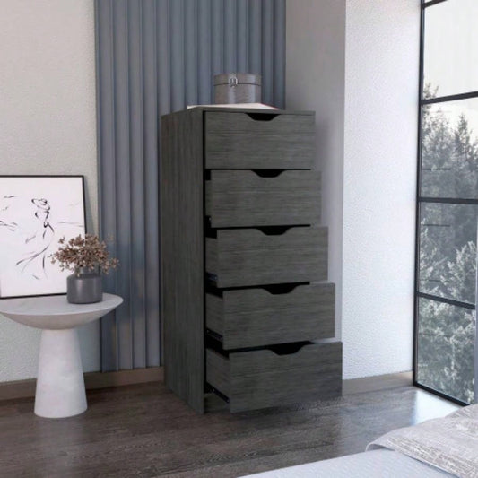 Dresser 42H 5 Drawers Narrow Dresser, Slim Storage Chest of Drawers, Bedroom, Smokey Oak
