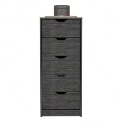 Dresser 42H 5 Drawers Narrow Dresser, Slim Storage Chest of Drawers, Bedroom, Smokey Oak