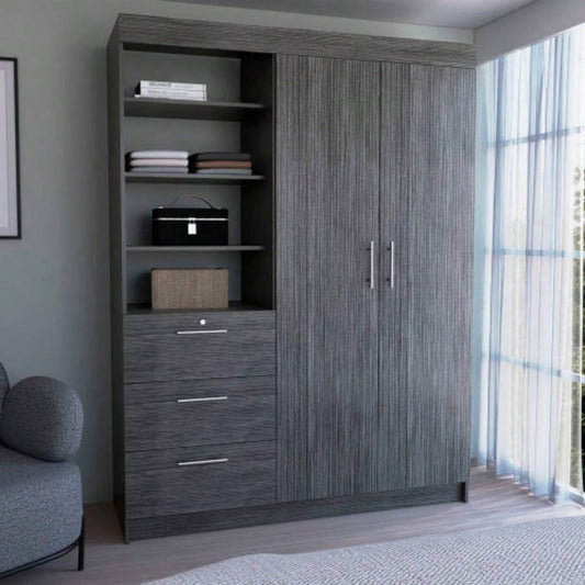 3 - Tier Shelf and Drawers Armoire with Metal Handles, Smokey Oak