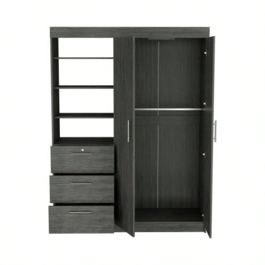 3 - Tier Shelf and Drawers Armoire with Metal Handles, Smokey Oak