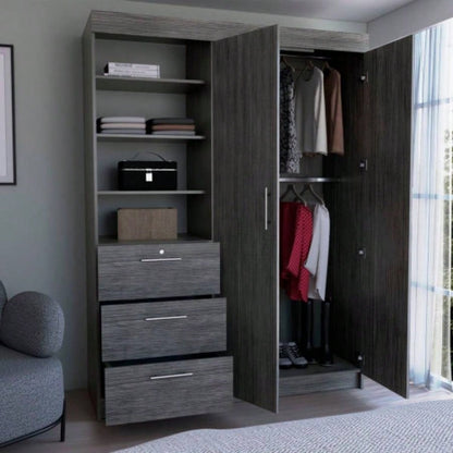 3 - Tier Shelf and Drawers Armoire with Metal Handles, Smokey Oak