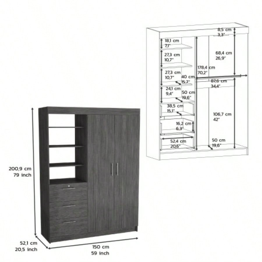 3 - Tier Shelf and Drawers Armoire with Metal Handles, Smokey Oak