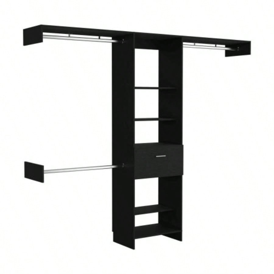 Closet System, One Drawer, Three Metal Rods, Five Open Shelves, Black