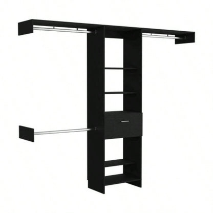 Closet System, One Drawer, Three Metal Rods, Five Open Shelves, Black