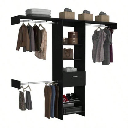 Closet System, One Drawer, Three Metal Rods, Five Open Shelves, Black