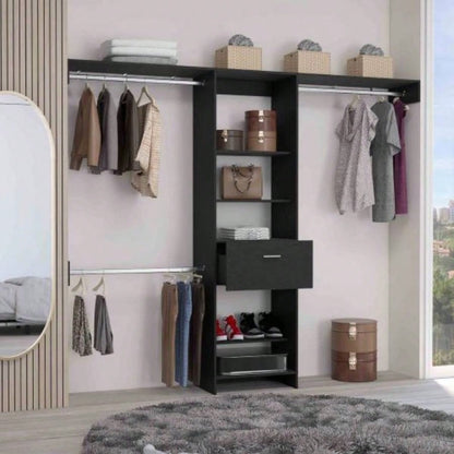 Closet System, One Drawer, Three Metal Rods, Five Open Shelves, Black