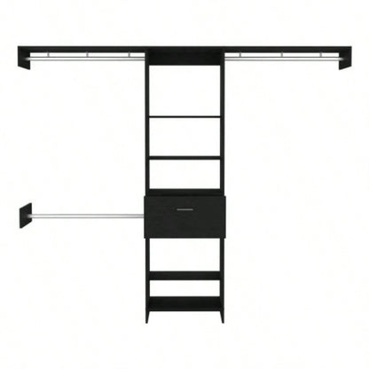 Closet System, One Drawer, Three Metal Rods, Five Open Shelves, Black
