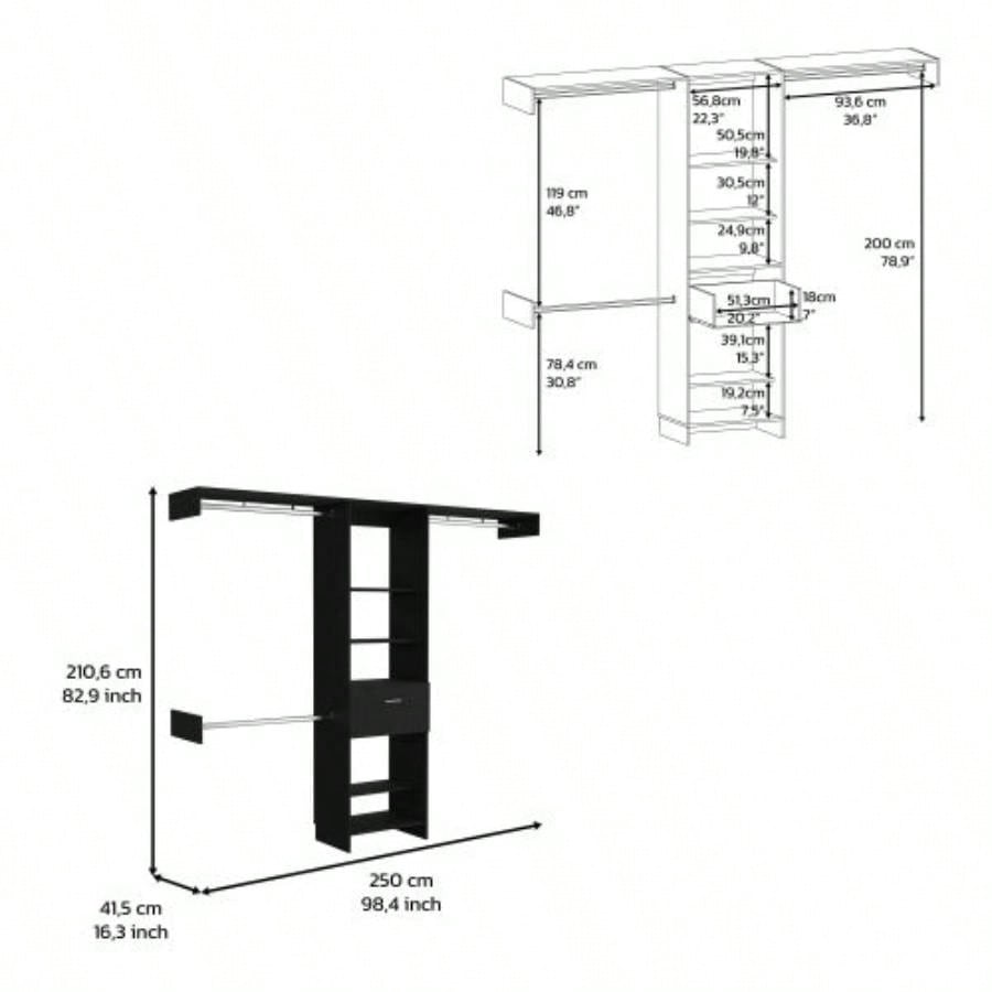 Closet System, One Drawer, Three Metal Rods, Five Open Shelves, Black