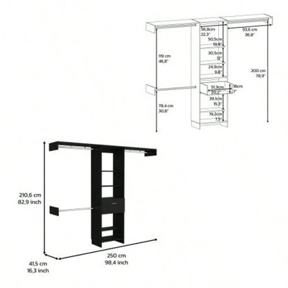 Closet System, One Drawer, Three Metal Rods, Five Open Shelves, Black