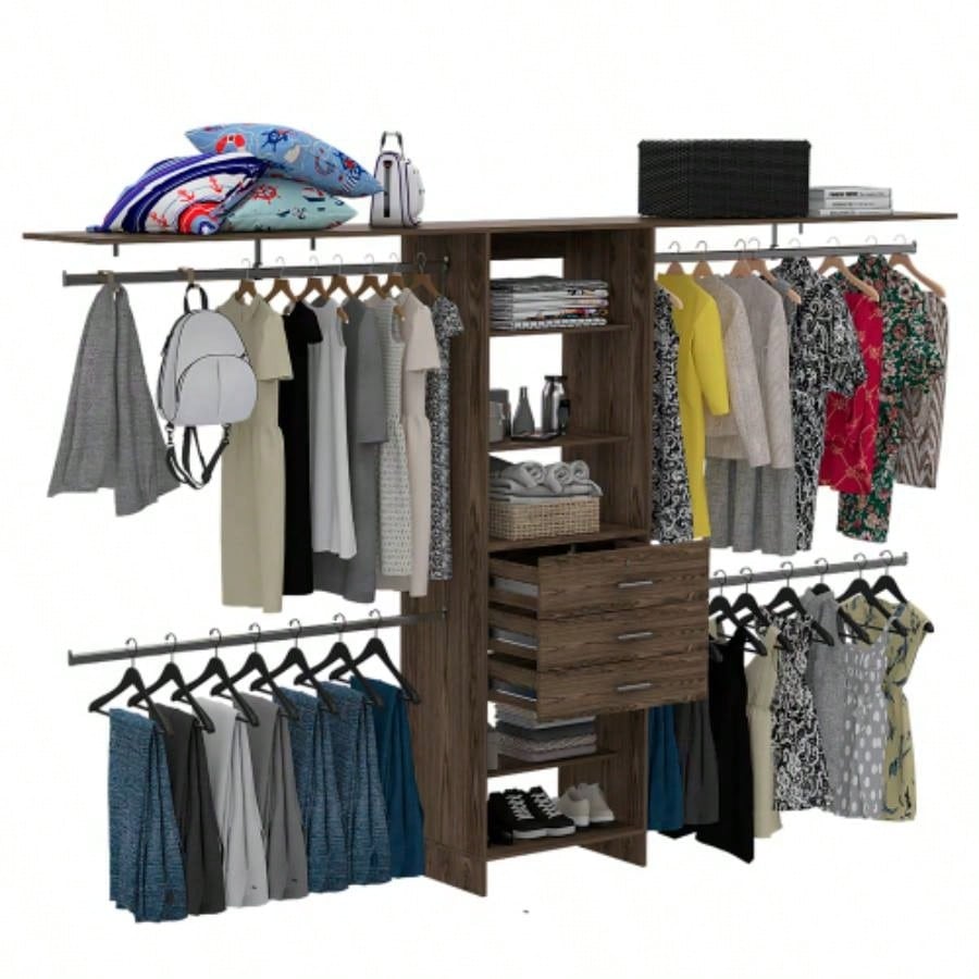 Closet System 69 - 118 Four Hanging Rods, Three Drawers, Five Shelves, Dark Walnut
