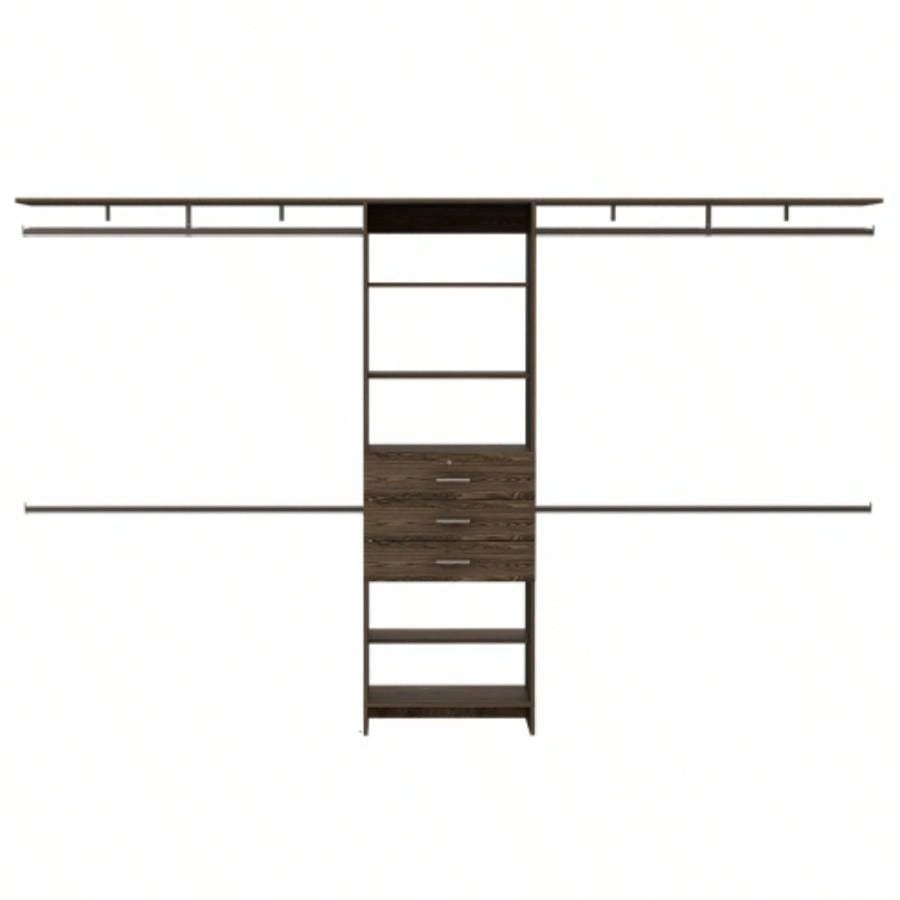 Closet System 69 - 118 Four Hanging Rods, Three Drawers, Five Shelves, Dark Walnut