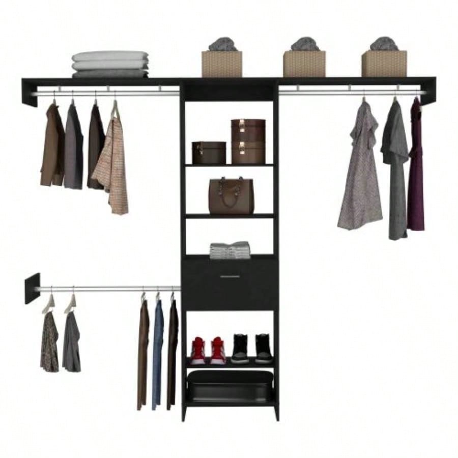 Closet System, One Drawer, Three Metal Rods, Five Open Shelves, Black