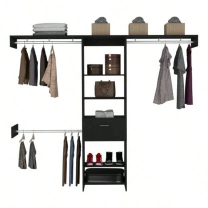 Closet System, One Drawer, Three Metal Rods, Five Open Shelves, Black