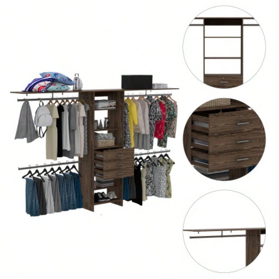 Closet System 69 - 118 Four Hanging Rods, Three Drawers, Five Shelves, Dark Walnut
