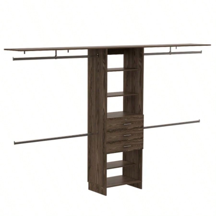 Closet System 69 - 118 Four Hanging Rods, Three Drawers, Five Shelves, Dark Walnut