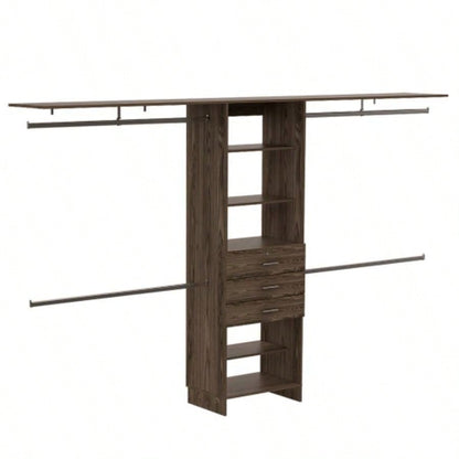 Closet System 69 - 118 Four Hanging Rods, Three Drawers, Five Shelves, Dark Walnut