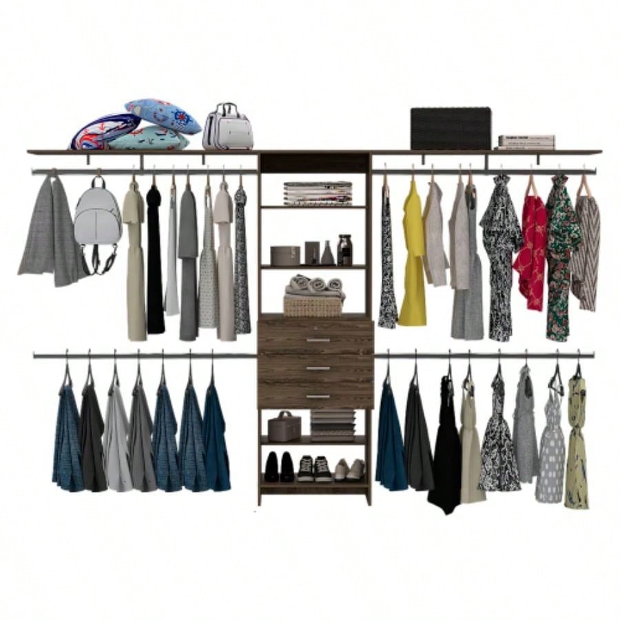 Closet System 69 - 118 Four Hanging Rods, Three Drawers, Five Shelves, Dark Walnut