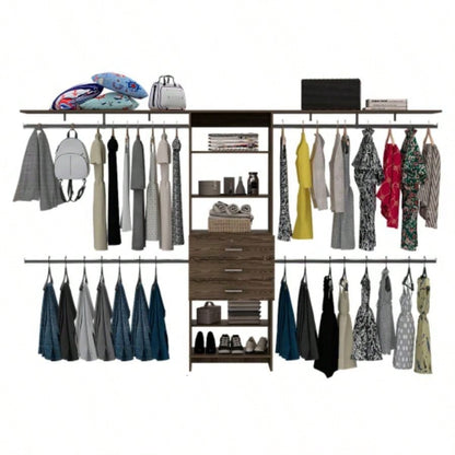 Closet System 69 - 118 Four Hanging Rods, Three Drawers, Five Shelves, Dark Walnut