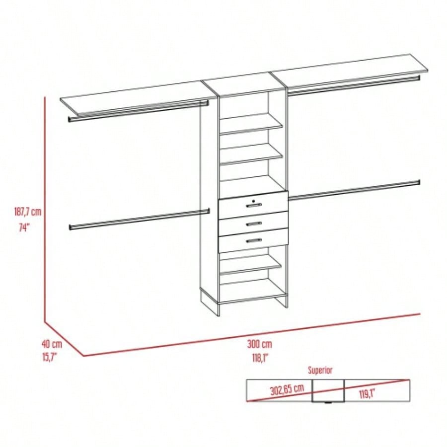 Closet System 69 - 118 Four Hanging Rods, Three Drawers, Five Shelves, Dark Walnut