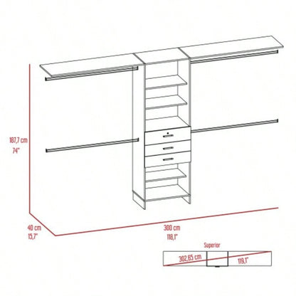 Closet System 69 - 118 Four Hanging Rods, Three Drawers, Five Shelves, Dark Walnut