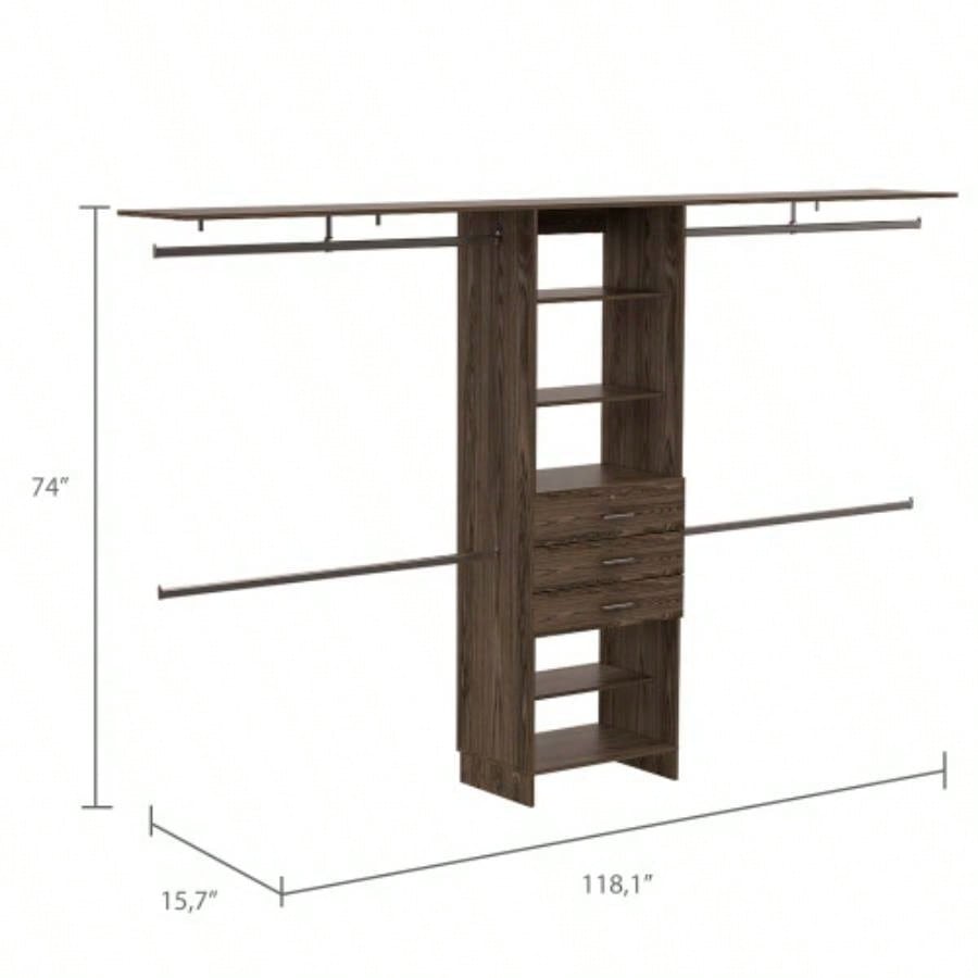 Closet System 69 - 118 Four Hanging Rods, Three Drawers, Five Shelves, Dark Walnut