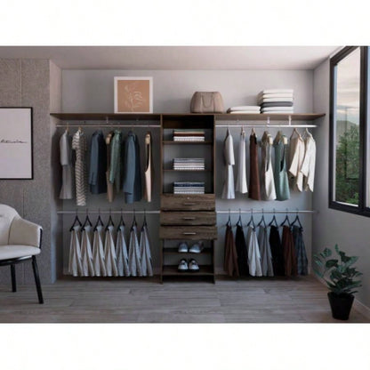 Closet System 69 - 118 Four Hanging Rods, Three Drawers, Five Shelves, Dark Walnut