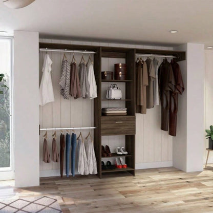 Closet System, One Drawer, Three Metal Rod, Five Open Shelves