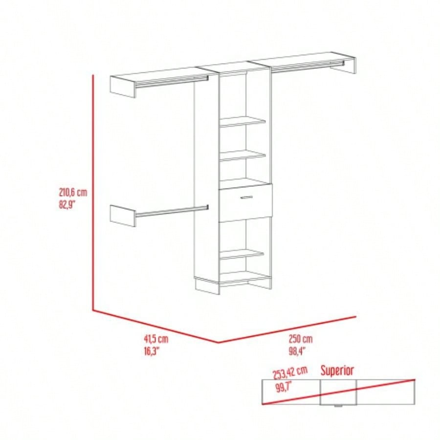 Closet System, One Drawer, Three Metal Rod, Five Open Shelves