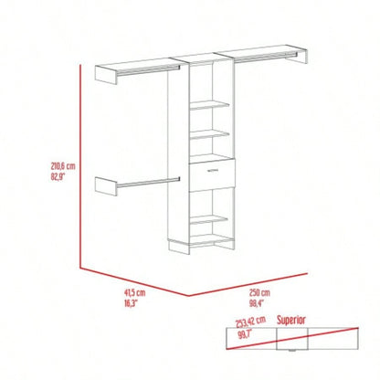Closet System, One Drawer, Three Metal Rod, Five Open Shelves