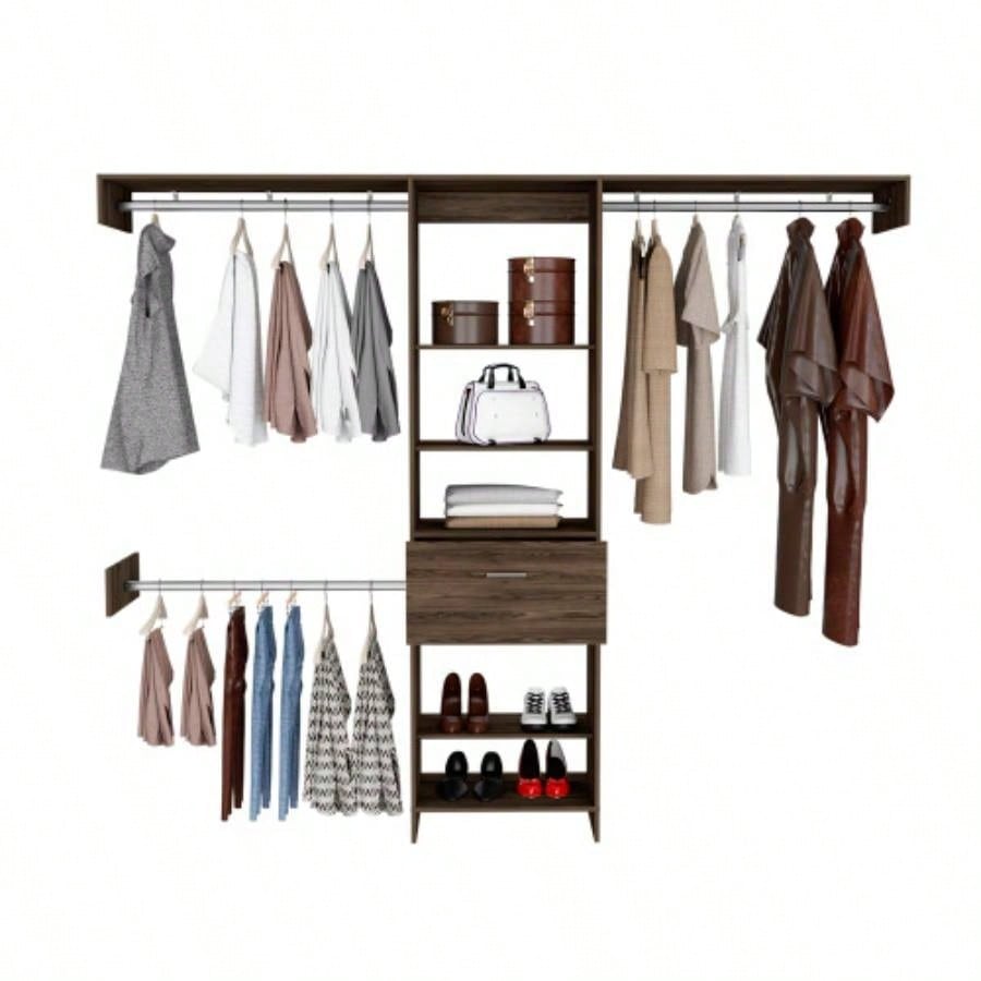 Closet System, One Drawer, Three Metal Rod, Five Open Shelves