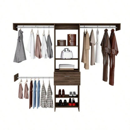 Closet System, One Drawer, Three Metal Rod, Five Open Shelves