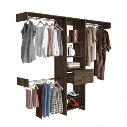 Closet System, One Drawer, Three Metal Rod, Five Open Shelves