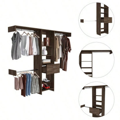 Closet System, One Drawer, Three Metal Rod, Five Open Shelves
