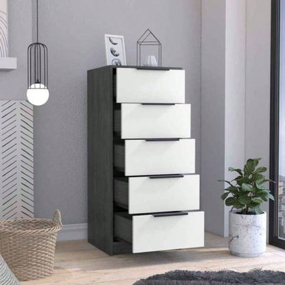 Dresser 42H, 5 Drawer, Vertical Dresser, White/ Smokey Oak