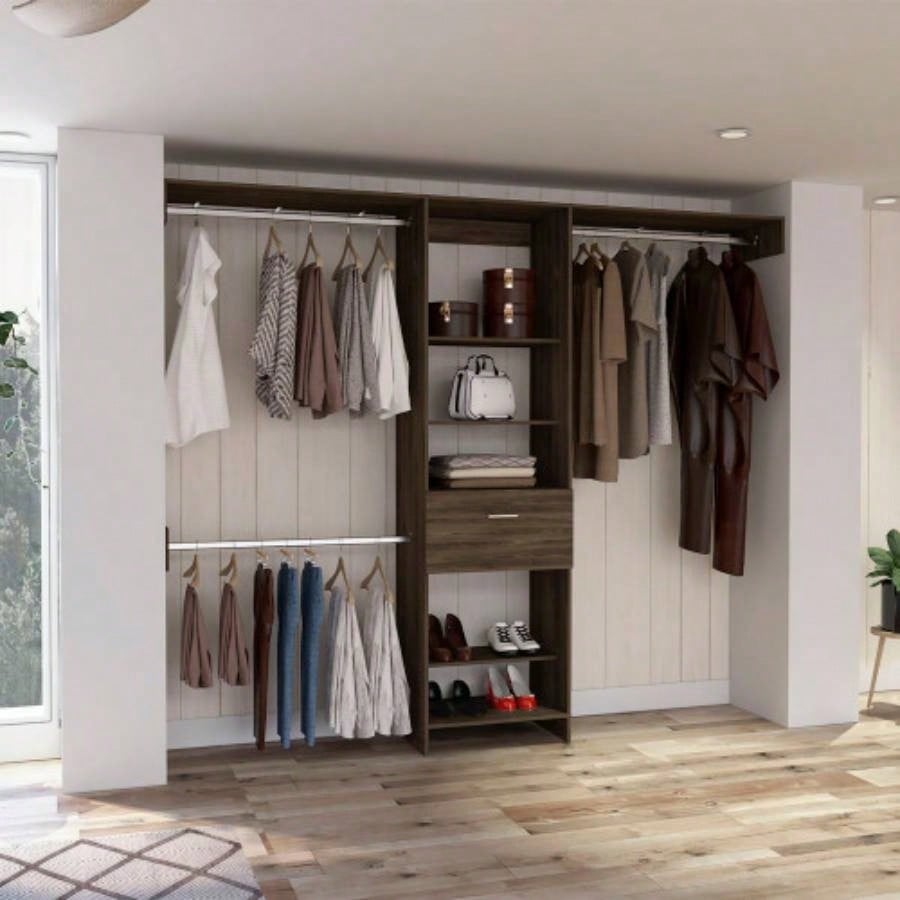 Closet System, One Drawer, Three Metal Rod, Five Open Shelves