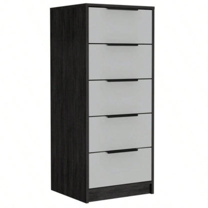 Dresser 42H, 5 Drawer, Vertical Dresser, White/ Smokey Oak