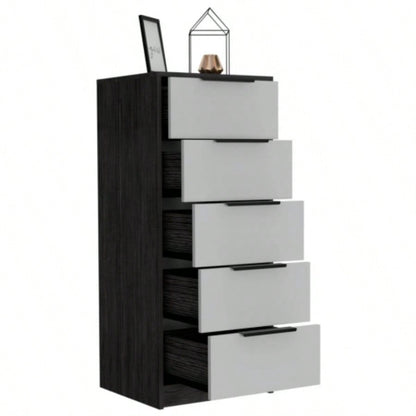 Dresser 42H, 5 Drawer, Vertical Dresser, White/ Smokey Oak