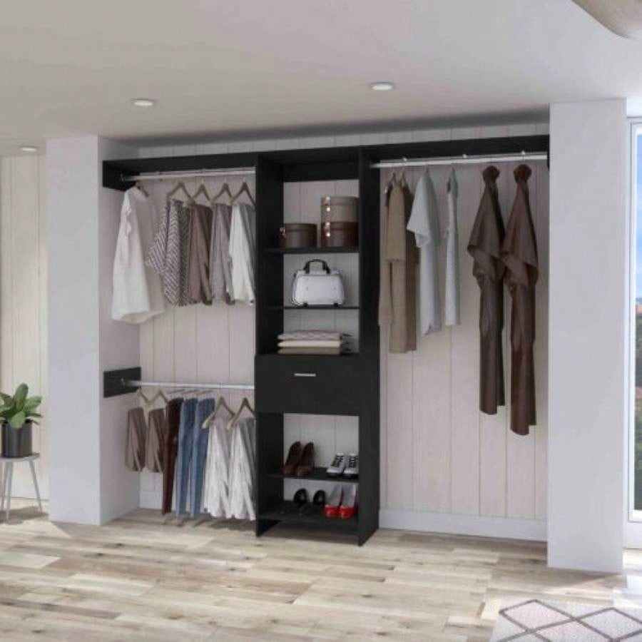 Closet System, One Drawer, Three Metal Rod, Five Open Shelves