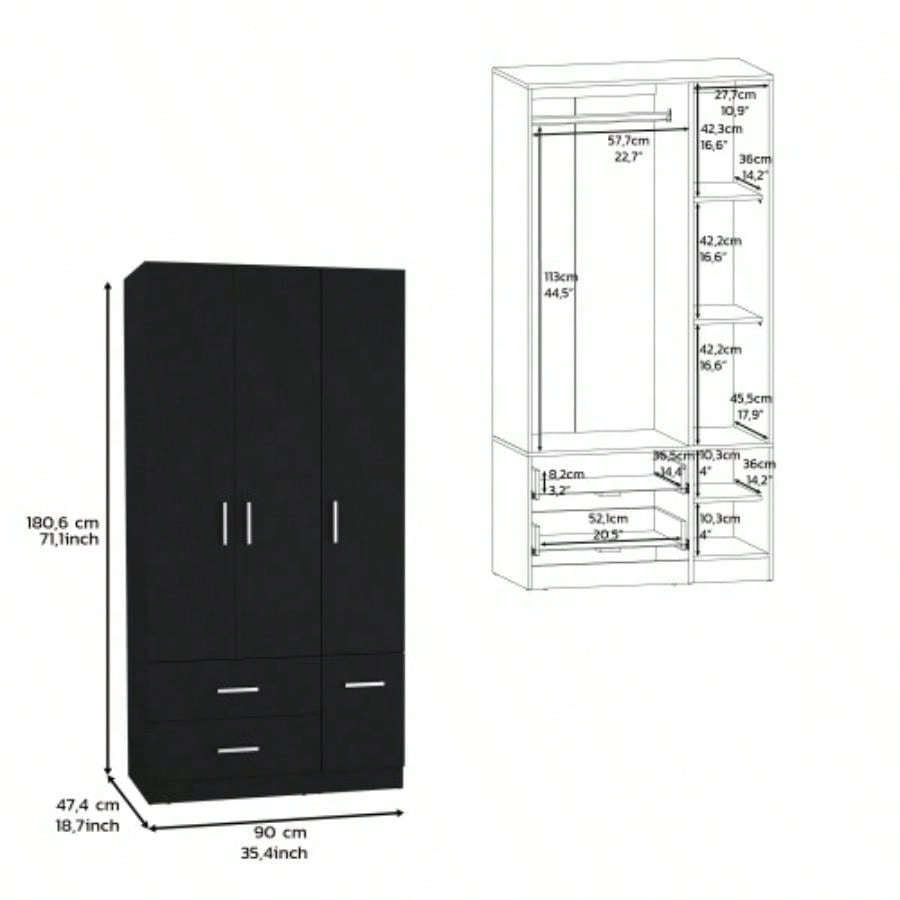 Armoire Wardrove 71, 4 Doors, Hanging Rod, 3 Cabinets, 6 Shelves, Black