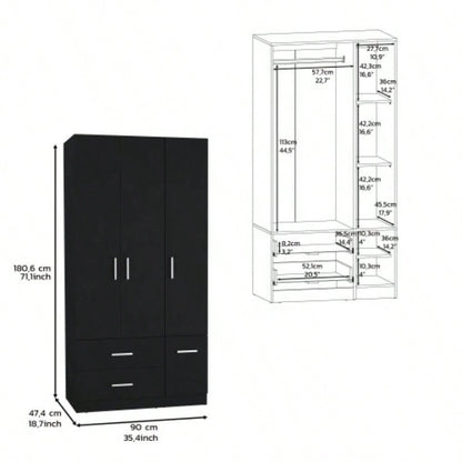 Armoire Wardrove 71, 4 Doors, Hanging Rod, 3 Cabinets, 6 Shelves, Black