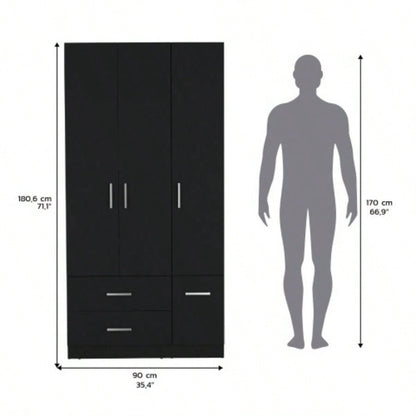 Armoire Wardrove 71, 4 Doors, Hanging Rod, 3 Cabinets, 6 Shelves, Black