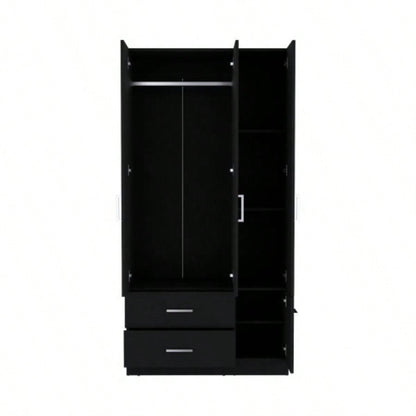 Armoire Wardrove 71, 4 Doors, Hanging Rod, 3 Cabinets, 6 Shelves, Black