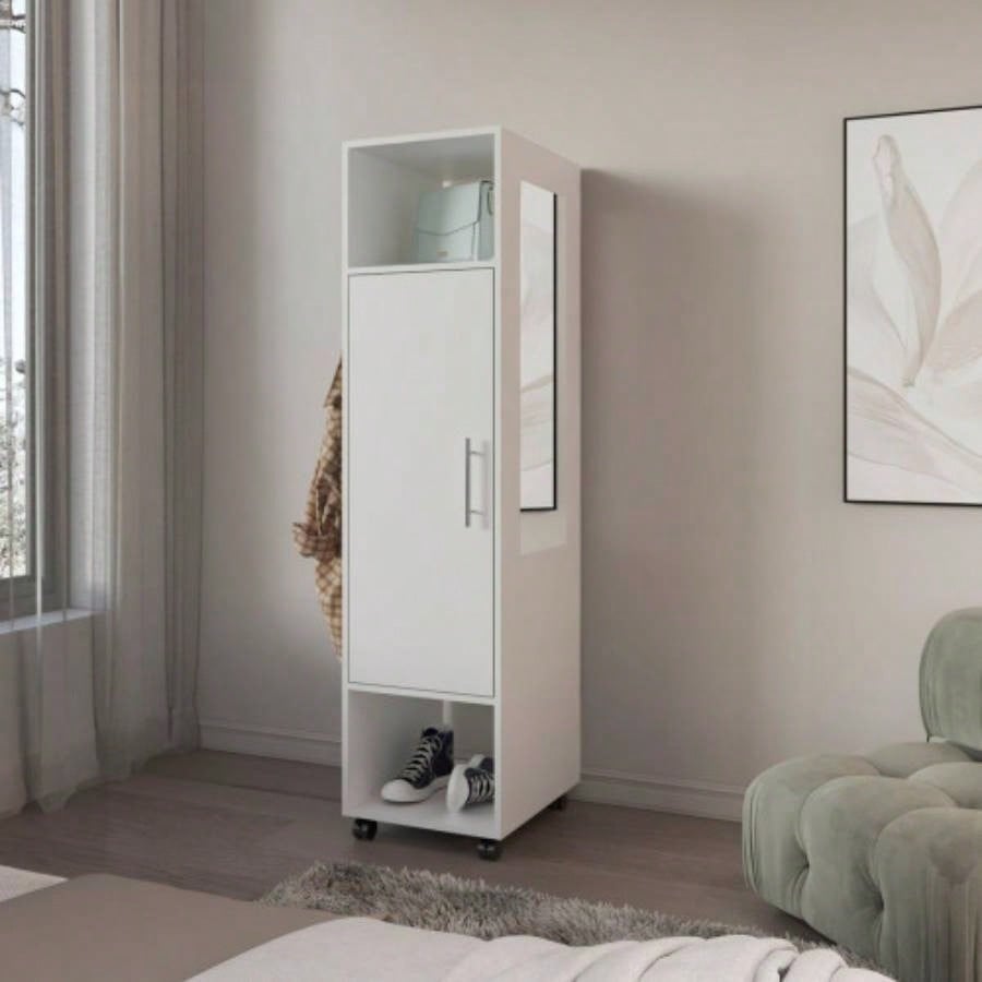 Armoire 62.9H, with 1 Door, 3 Shelves, and Full - Length Mirror, White