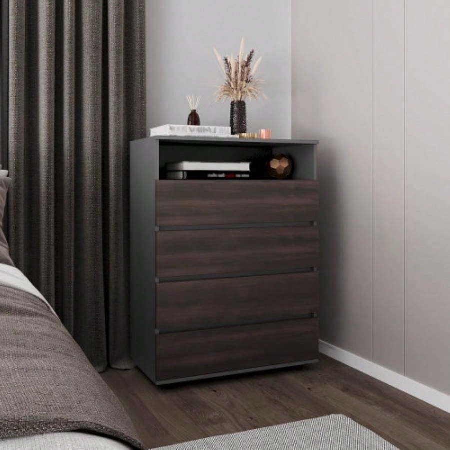 Dresser, 4 Drawers, 1 Shelf, Matt Gray/ Dark Oak