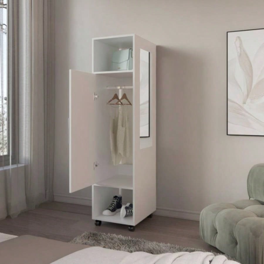 Armoire 62.9H, with 1 Door, 3 Shelves, and Full - Length Mirror, White