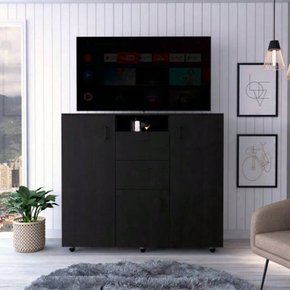 Cabinet Dresser 48H, Two Drawers, 3 Door, Four Interior Shelves, Rod, Black