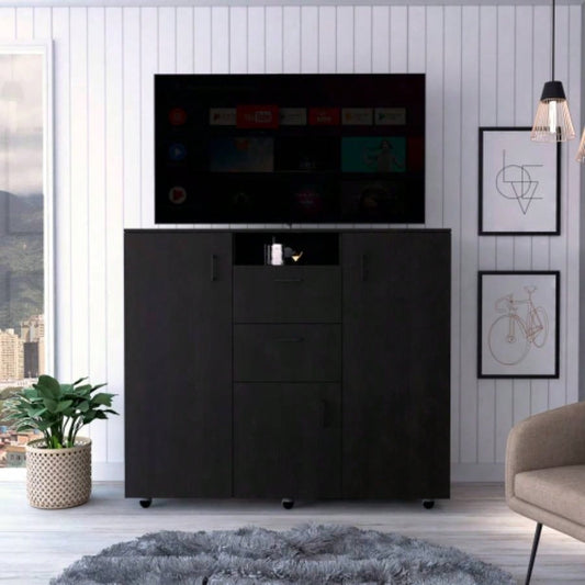 Cabinet Dresser 48H, Two Drawers, 3 Door, Four Interior Shelves, Rod, Black