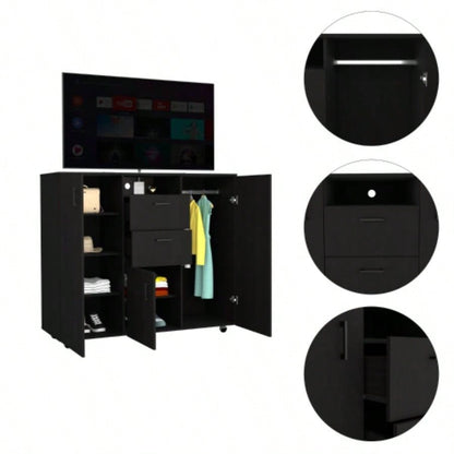 Cabinet Dresser 48H, Two Drawers, 3 Door, Four Interior Shelves, Rod, Black